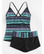 Striped Criss Cross Top With Shorts Tankini Set