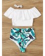 Flounce Bardot Top With Random Leaf Print Swimwear