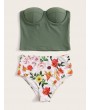 Underwire Bandeau With Floral Ruched High Waist Tankini