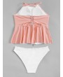 Two-tone Lace-up Back Top With Frill Tankini