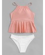 Two-tone Lace-up Back Top With Frill Tankini
