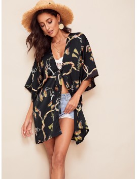 Chain and Butterfly Print Knot Front Kimono