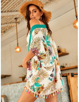 Tropical Print Tasseled Hem Kimono