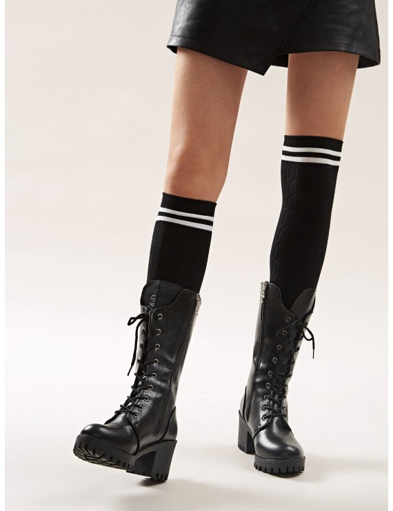 Lace-up Side Zip Lug Sole Mid Calf Boots