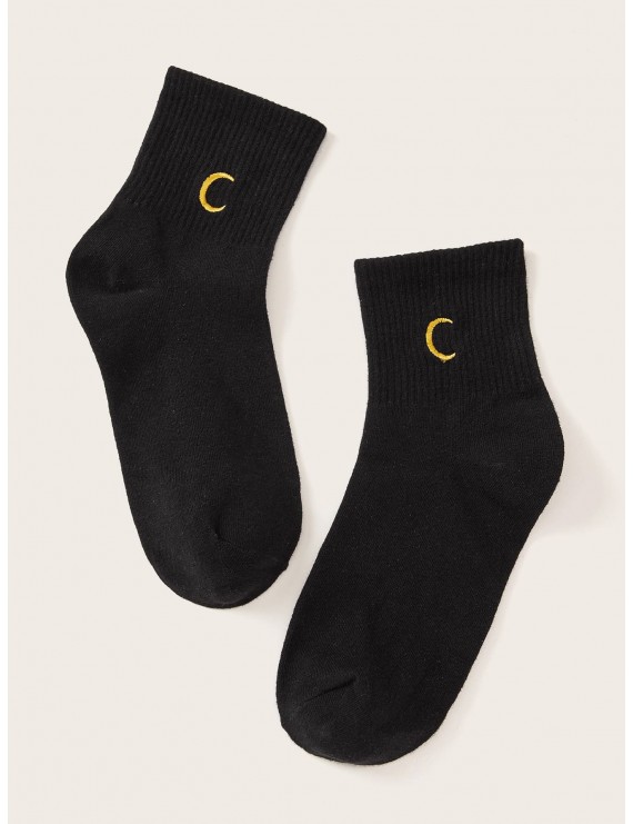 1pair Moon Embroidery Socks