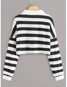 Black And White Striped Polo Neck Crop Tee