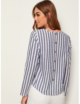 Pocket Patched Button Detail Back Striped Top