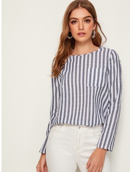 Pocket Patched Button Detail Back Striped Top