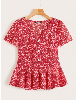 Ditsy Floral Button Front Ruffle Hem Top