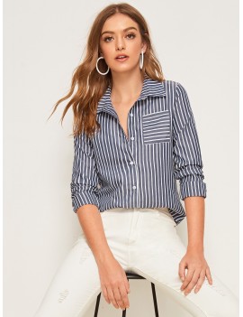 Striped Pocket Button Front Blouse