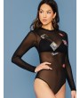 Patched Detail Fitted Mesh Bodysuit Without Bra