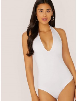 Solid Fitted Halter Bodysuit