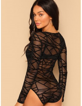 Geo Mesh Form Fitted Bodysuit Without Bra