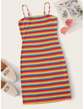 Rib-knit Rainbow Striped Cami Dress