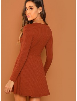 Ribbed Plunging Neck Fit & Flare Dress