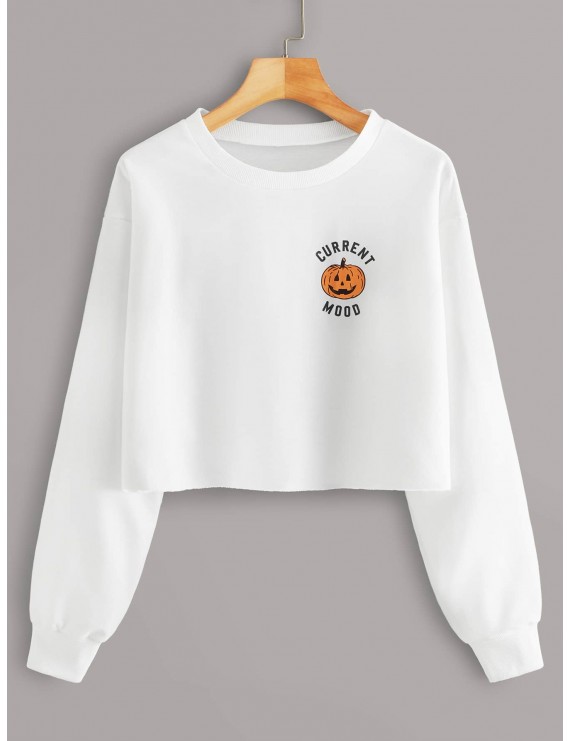 Halloween Print Round Neck Crop Sweatshirt