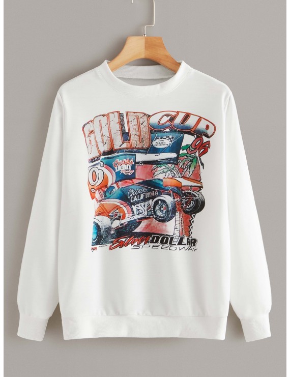 Letter & Car Graphic Sweatshirt