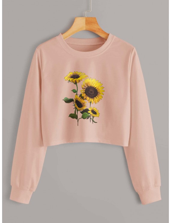 Sunflower Print Crop Sweatshirt