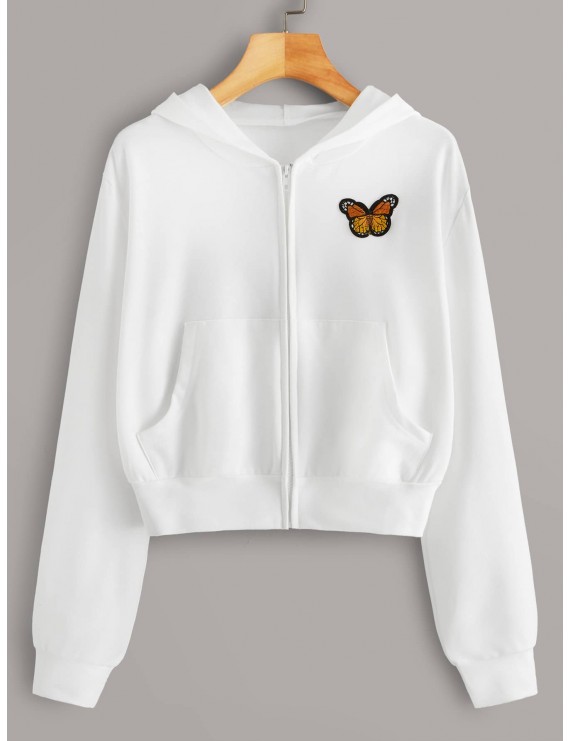 Butterfly Embroidery Pocket Front Zip-up Hoodie