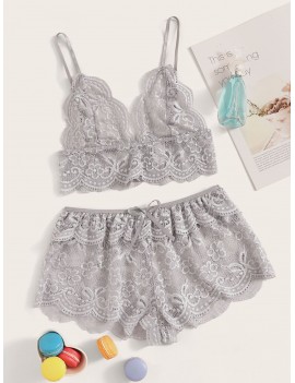 Floral Lace Scalloped Trim Bralette With Shorts