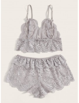 Floral Lace Scalloped Trim Bralette With Shorts