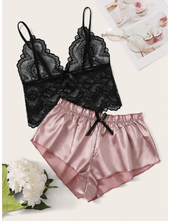 Floral Lace Bralette With Satin Shorts
