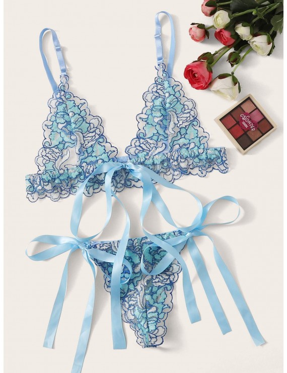 Floral Lace Knot Detail Lingerie Set