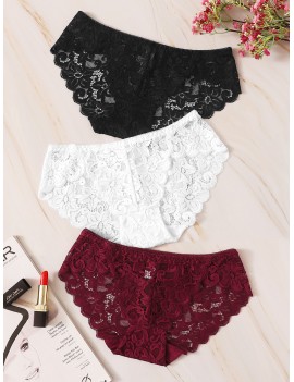 Scalloped Trim Floral Lace Panty Set 3pack