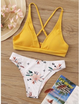 Textured Criss Cross Top With Floral Cheeky Swimwear Set