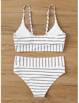 Striped V Neck Top With High Waist Swimwear Set