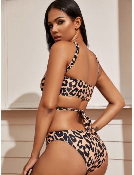 Leopard Criss Cross Top With Cheeky Swimwear Set