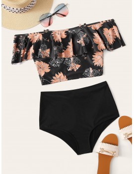 Tropical Flounce Top With High Waist Swimwear Set