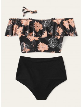 Tropical Flounce Top With High Waist Swimwear Set