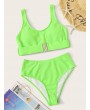 Neon Green Textured Belted Swimwear Set
