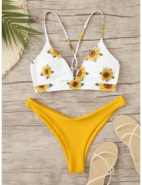 Sunflower Print Lace Up Back Swimwear Set