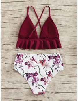 Ruffle Hem Criss Cross Top With Floral Swimwear