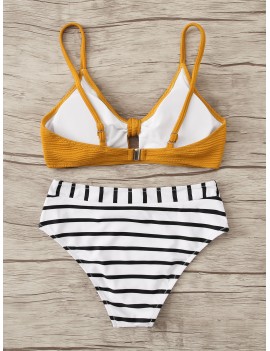 Textured Knot Front Top With Striped Swimwear Set