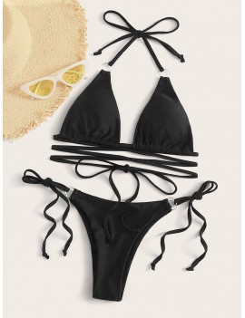 Lace Up Halter Top With Tie Side Swimwear