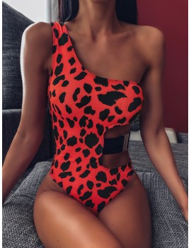 Leopard Cut Out One Shoulder One Piece Swimwear
