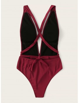 Plunging Neck Criss-cross Backless One Piece Swimsuit