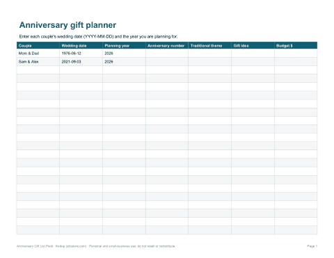 Preview of the first page of Gift planner (Excel)